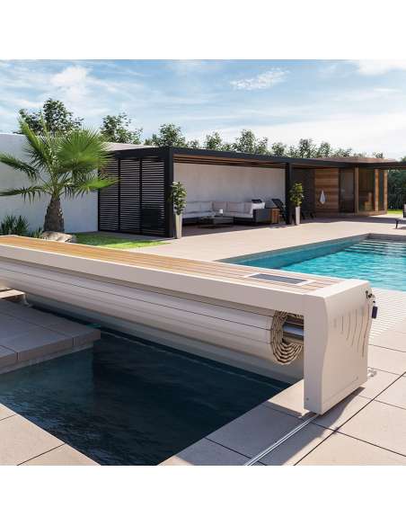 Cubierta elevada de piscinas con banco abierto modelo prestige con panel solar